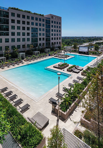 Resort style pool surrounded by lounge chairs